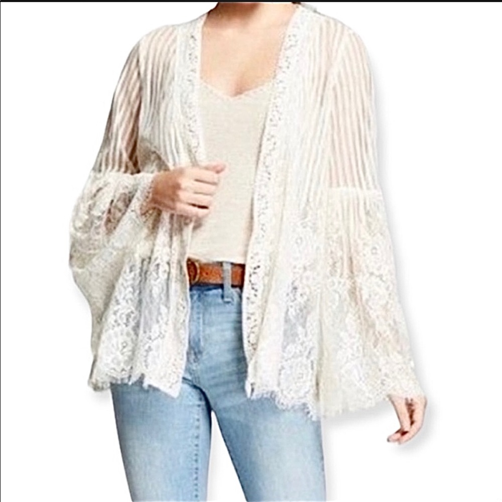 NWOT Cream Striped Mesh And Lace Cardigan